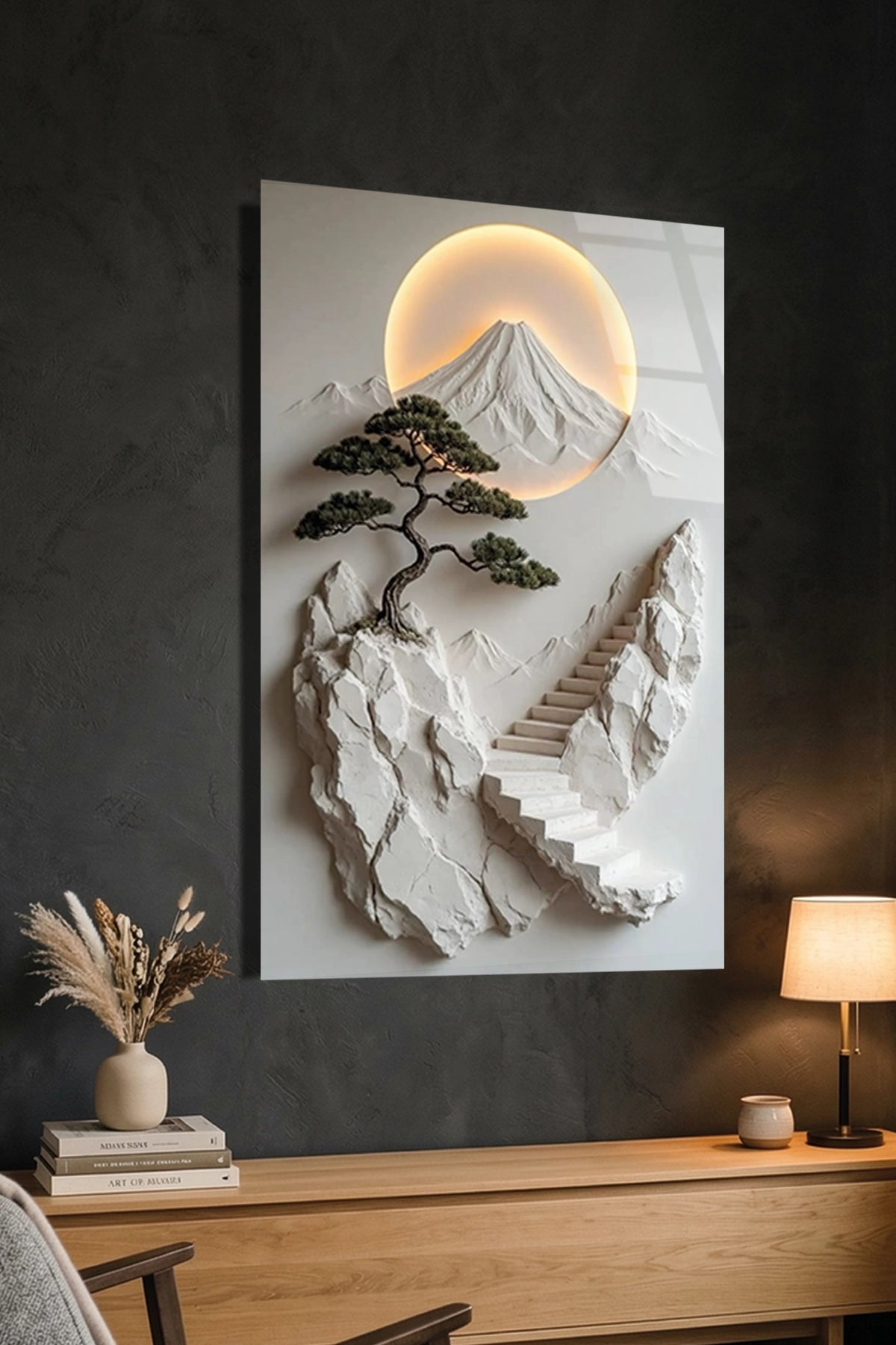 Minimalist Uzak Doğu Temalı Fuji Dağı ve Merdivenler Cam Tablo