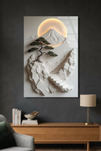 Minimalist Uzak Doğu Temalı Fuji Dağı ve Merdivenler Cam Tablo