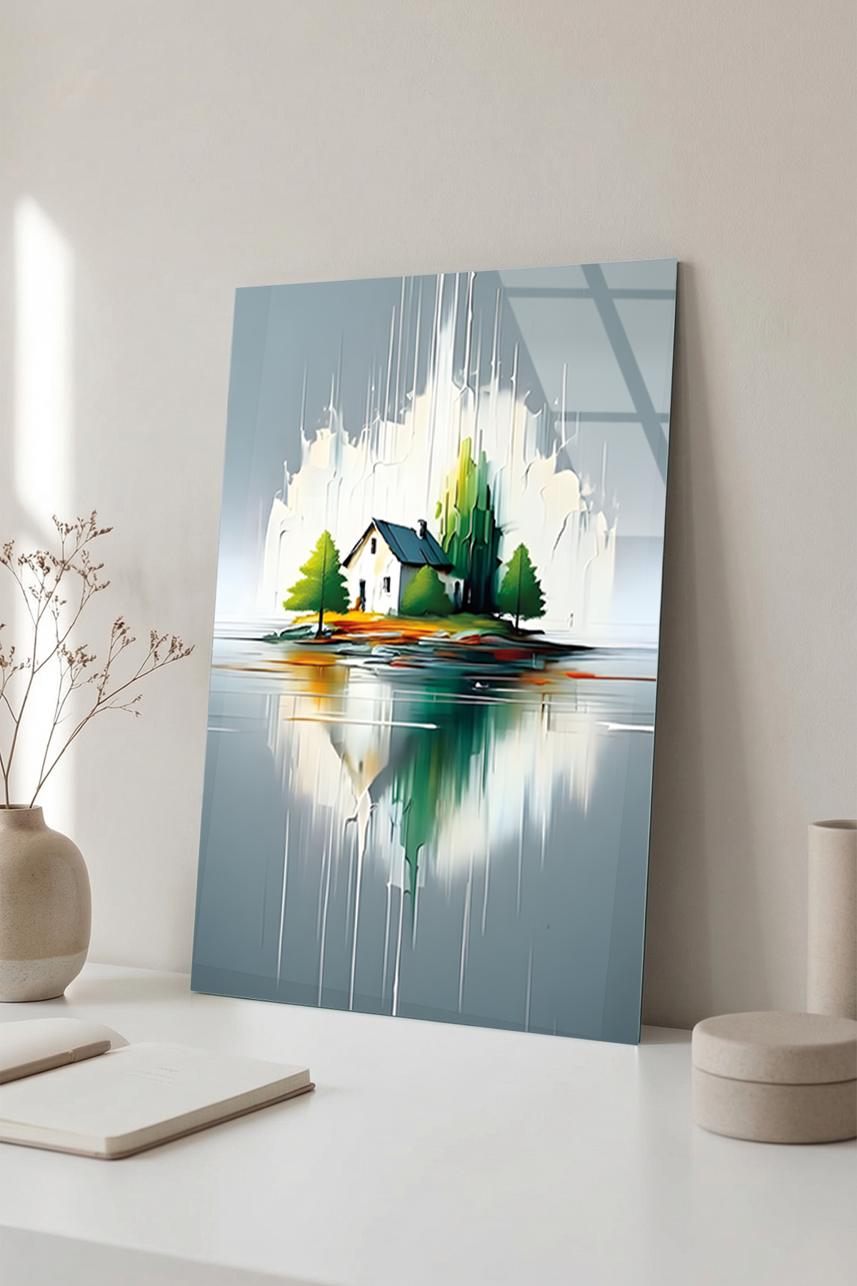 Mistik Göl Manzarası ve Yalnız Ev Soyut Sanat Cam Tablo