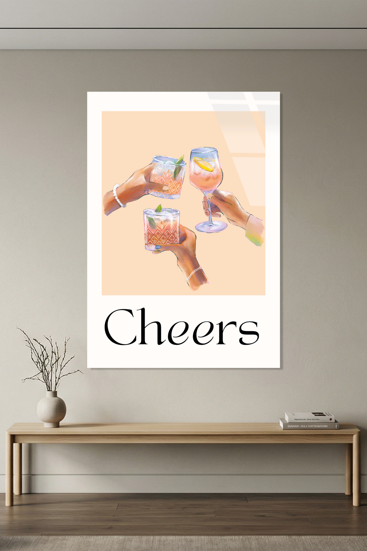 Modern "Cheers" Kadeh İllüstrasyonu Şeftali Tonlu Cam Tablo