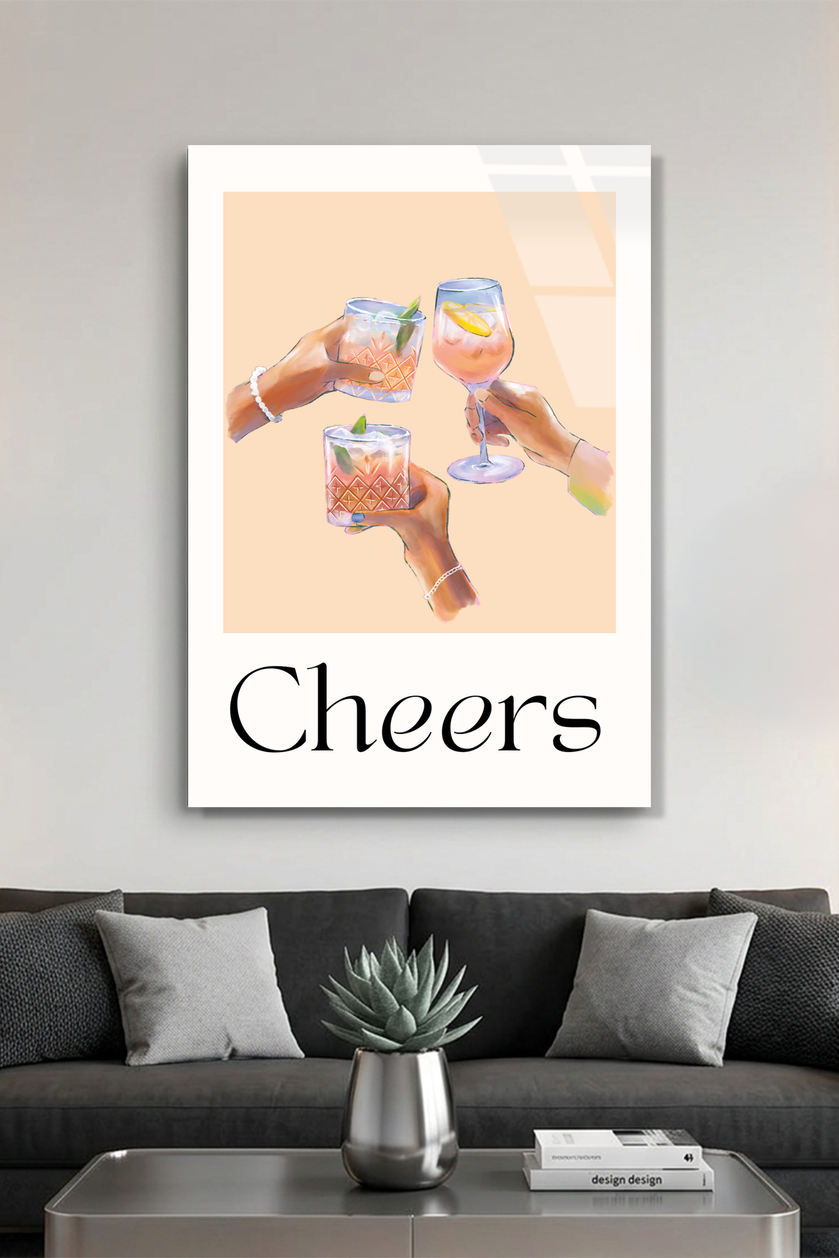 Modern "Cheers" Kadeh İllüstrasyonu Şeftali Tonlu Cam Tablo