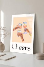 Modern "Cheers" Kadeh İllüstrasyonu Şeftali Tonlu Cam Tablo
