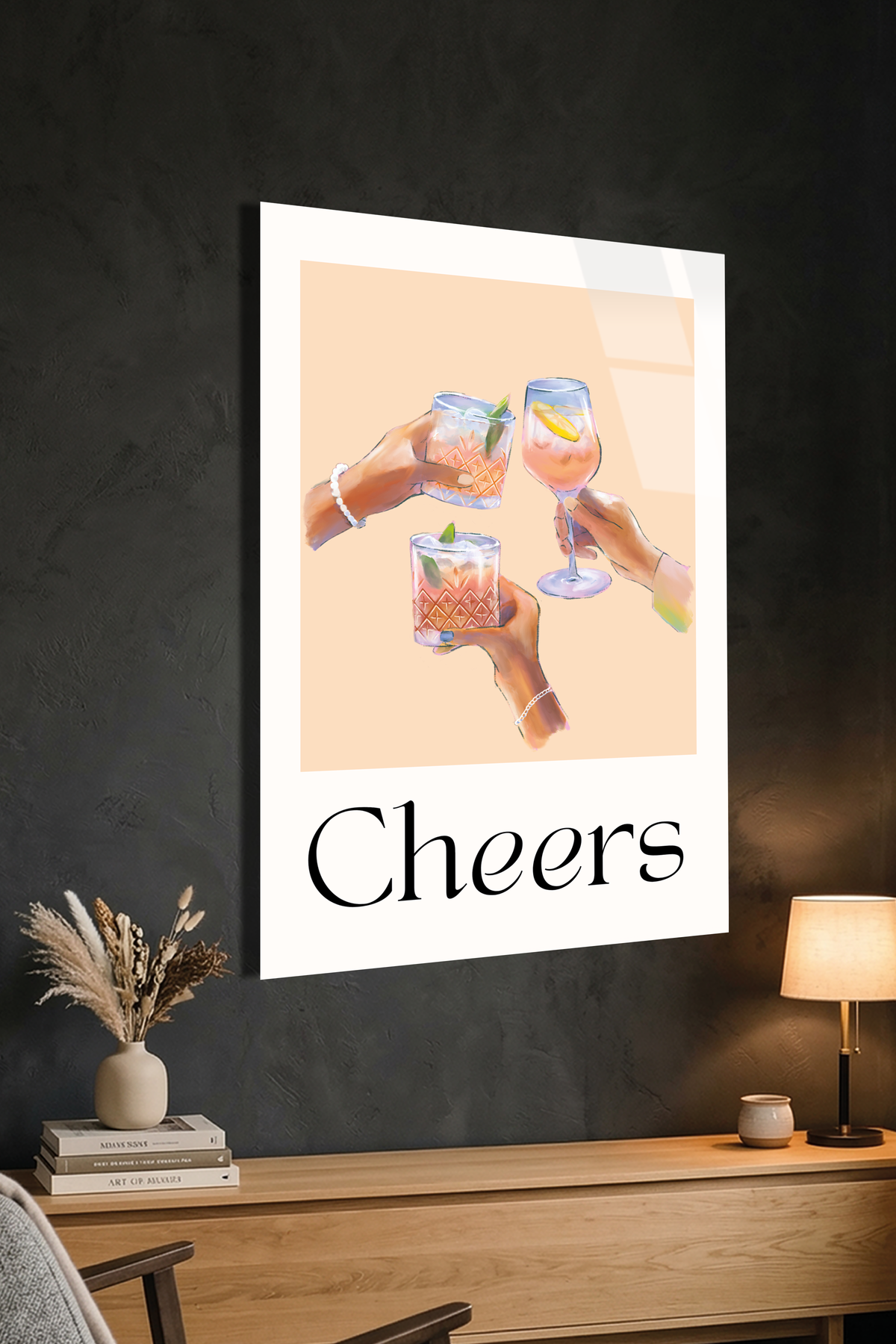 Modern "Cheers" Kadeh İllüstrasyonu Şeftali Tonlu Cam Tablo