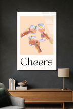 Modern "Cheers" Kadeh İllüstrasyonu Şeftali Tonlu Cam Tablo