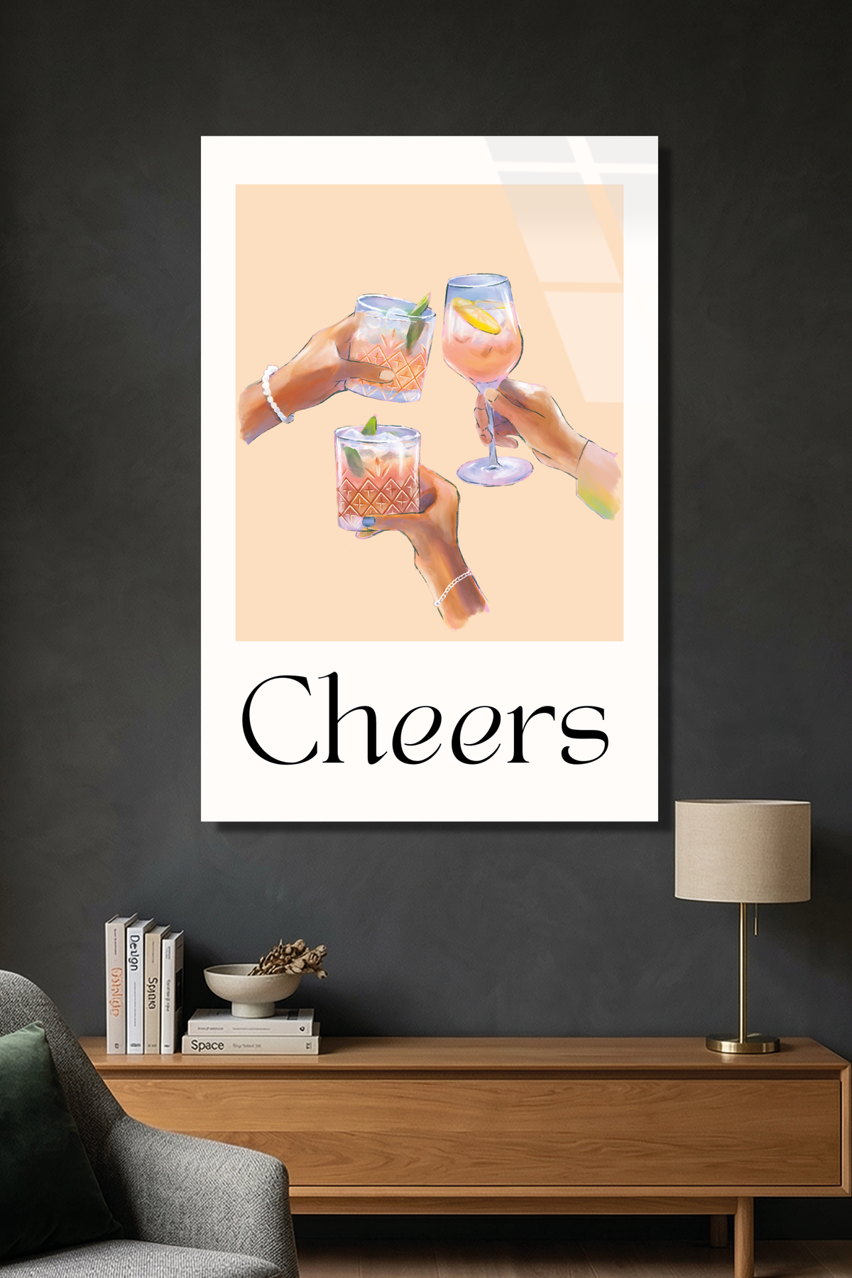 Modern "Cheers" Kadeh İllüstrasyonu Şeftali Tonlu Cam Tablo
