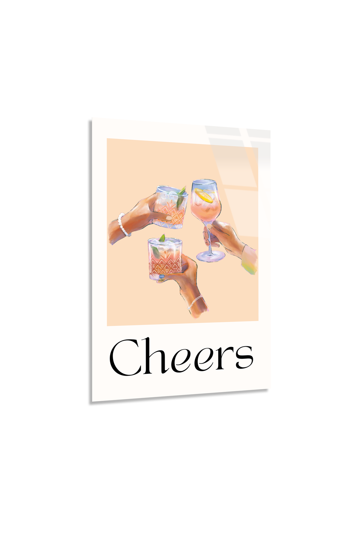 Modern "Cheers" Kadeh İllüstrasyonu Şeftali Tonlu Cam Tablo
