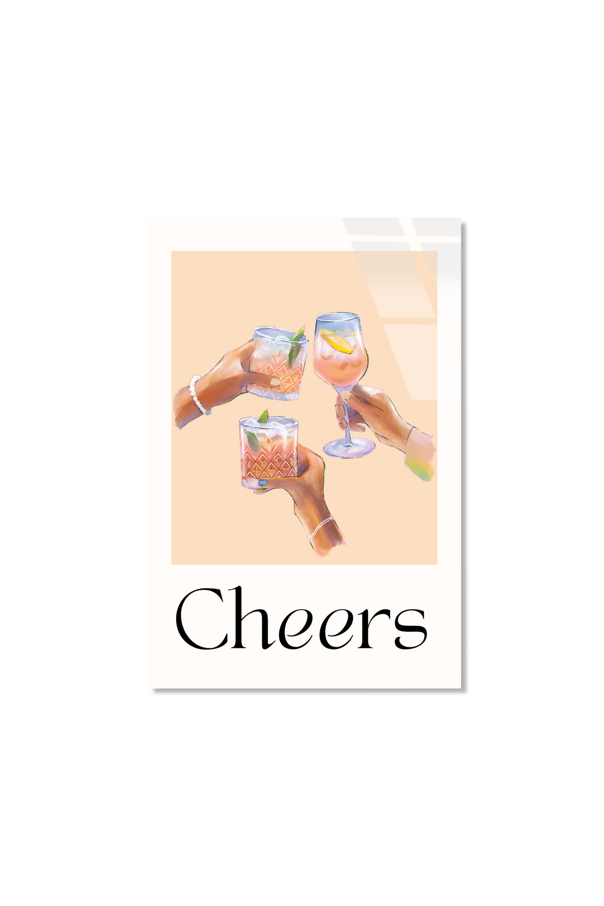 Modern "Cheers" Kadeh İllüstrasyonu Şeftali Tonlu Cam Tablo