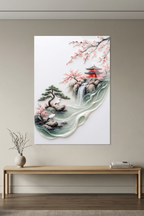 Modern Rölyef Tarzı Japon Bahçesi ve Turnalar Sakura Cam Tablo