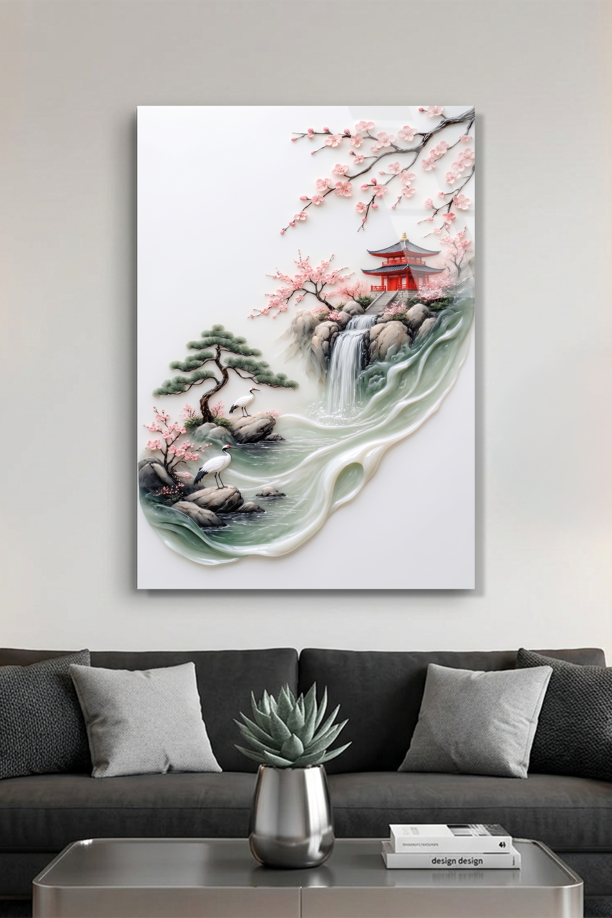 Modern Rölyef Tarzı Japon Bahçesi ve Turnalar Sakura Cam Tablo