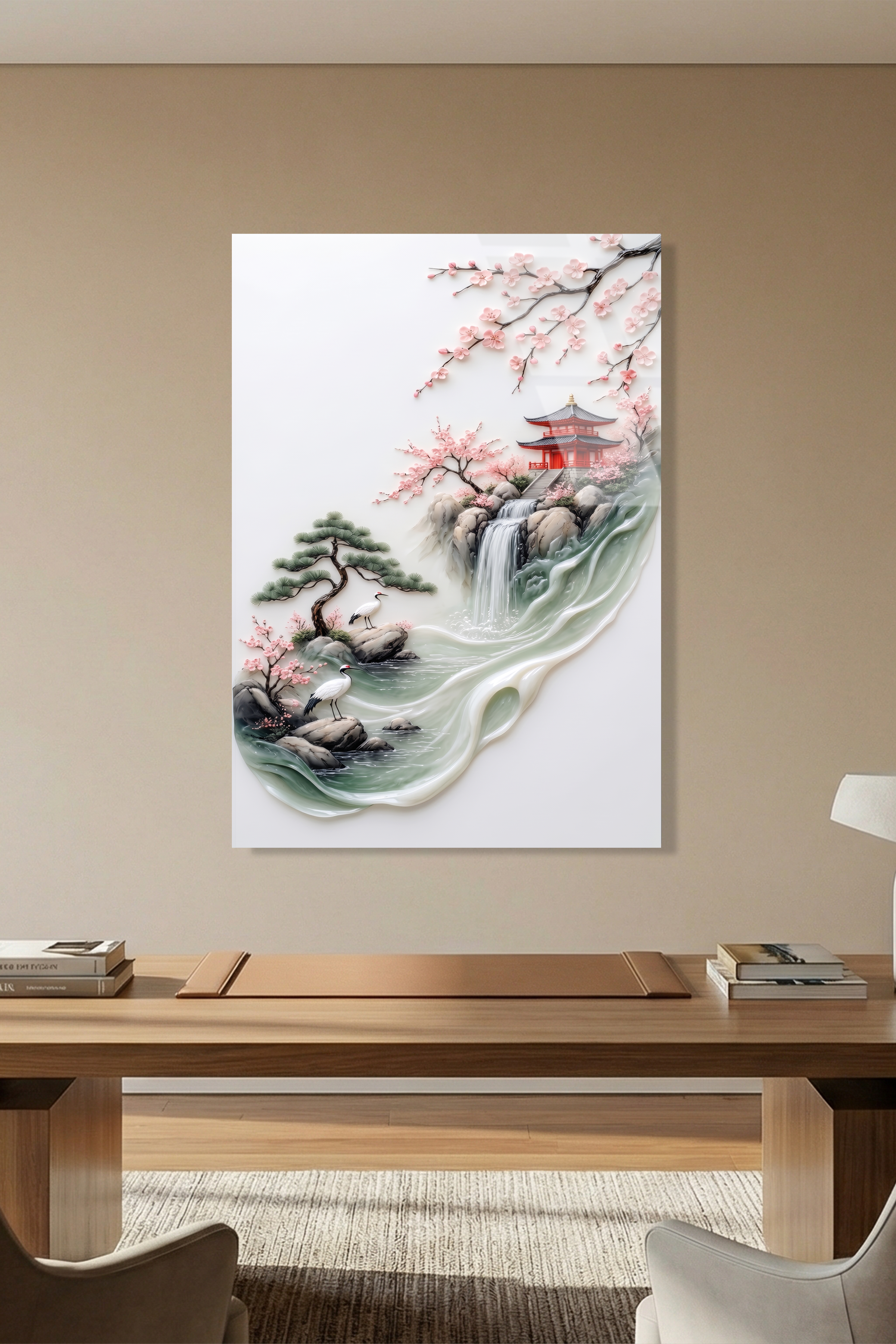 Modern Rölyef Tarzı Japon Bahçesi ve Turnalar Sakura Cam Tablo