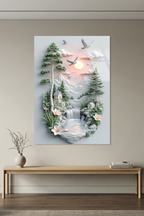Modern Rölyef Tarzı Karlı Dağlar Akarsu ve Dağ Evleri Cam Tablo