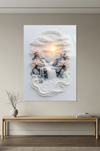 Modern Rölyef Tarzı Şelale ve Pembe Sakura Ağaçları Gün Batımı Cam Tablo