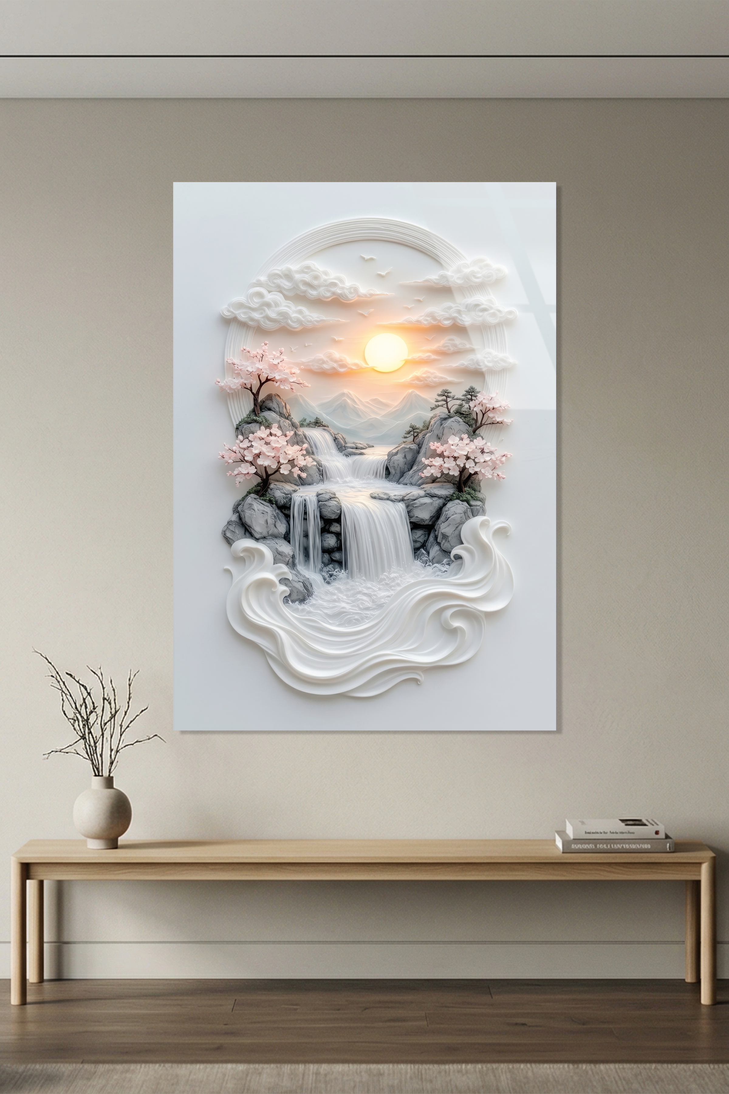 Modern Rölyef Tarzı Şelale ve Pembe Sakura Ağaçları Gün Batımı Cam Tablo