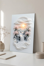 Modern Rölyef Tarzı Şelale ve Pembe Sakura Ağaçları Gün Batımı Cam Tablo