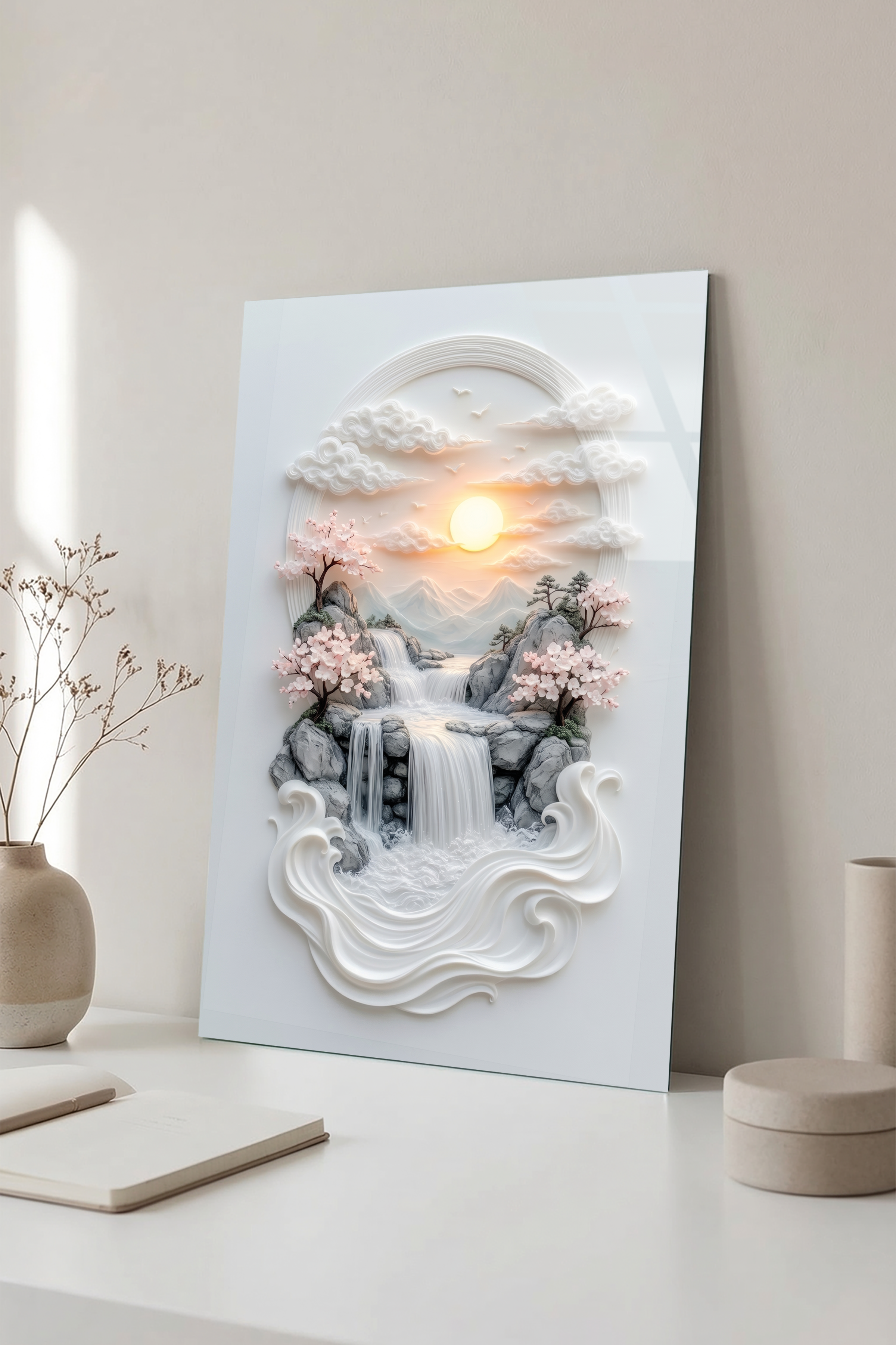 Modern Rölyef Tarzı Şelale ve Pembe Sakura Ağaçları Gün Batımı Cam Tablo