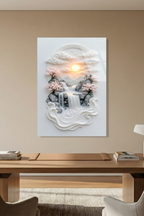 Modern Rölyef Tarzı Şelale ve Pembe Sakura Ağaçları Gün Batımı Cam Tablo