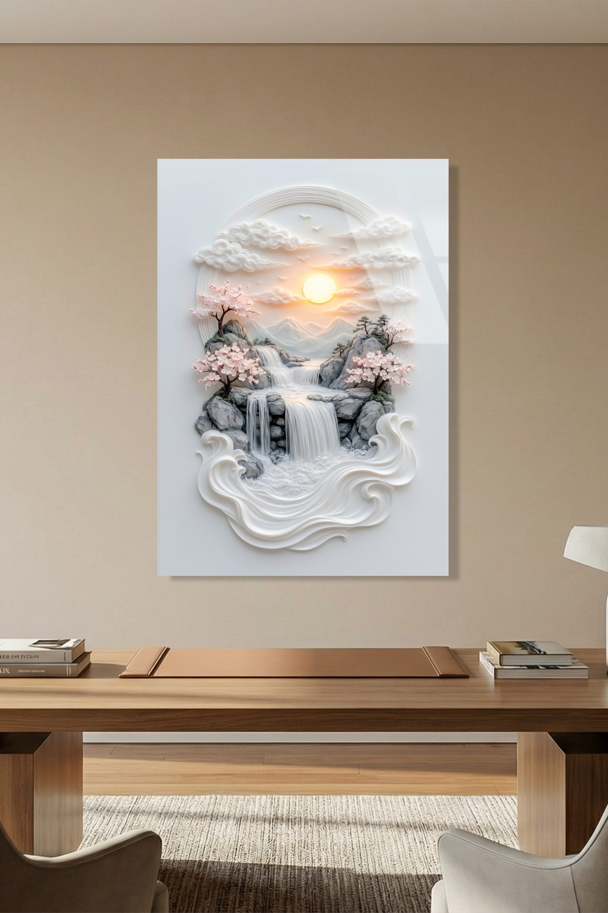 Modern Rölyef Tarzı Şelale ve Pembe Sakura Ağaçları Gün Batımı Cam Tablo