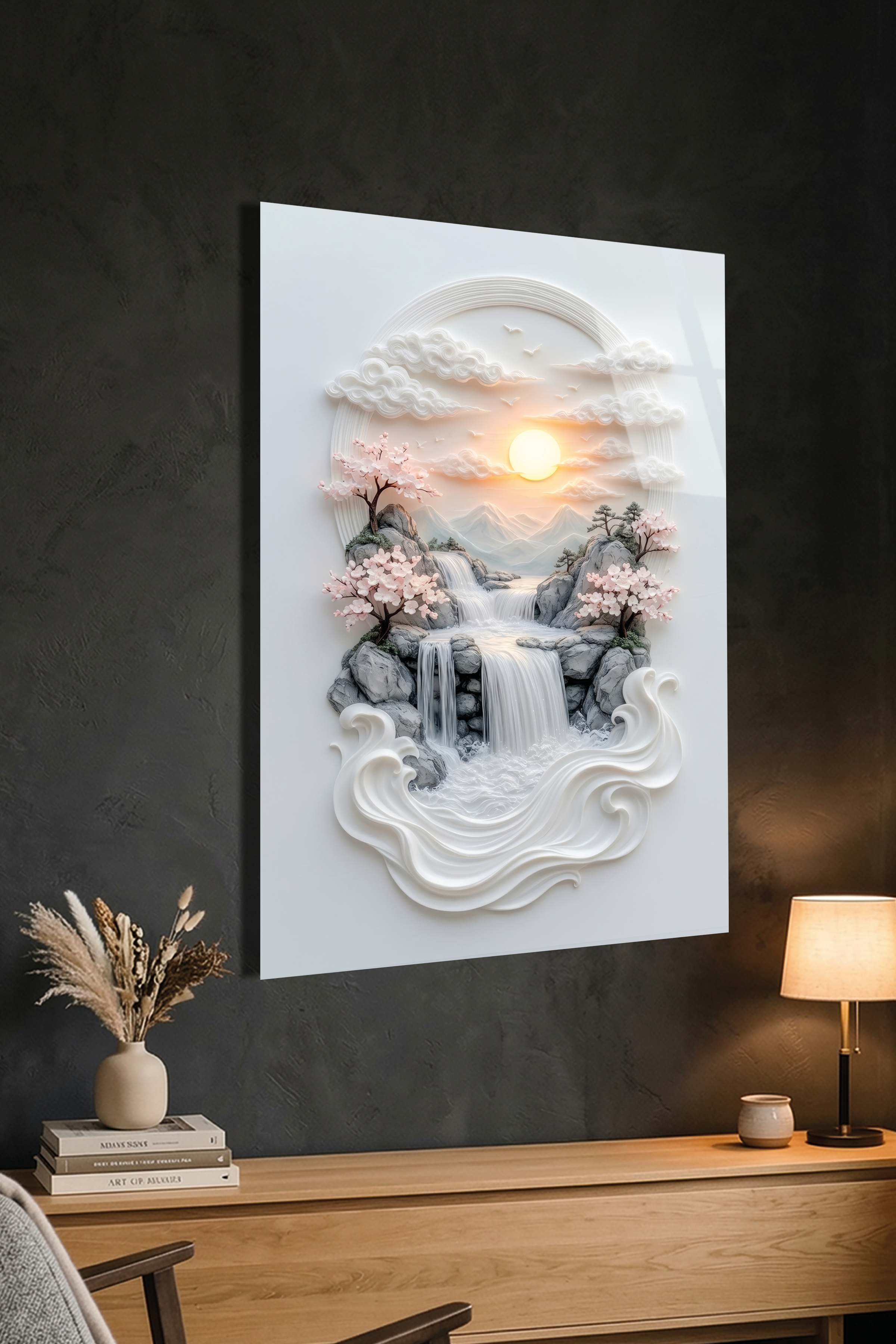 Modern Rölyef Tarzı Şelale ve Pembe Sakura Ağaçları Gün Batımı Cam Tablo