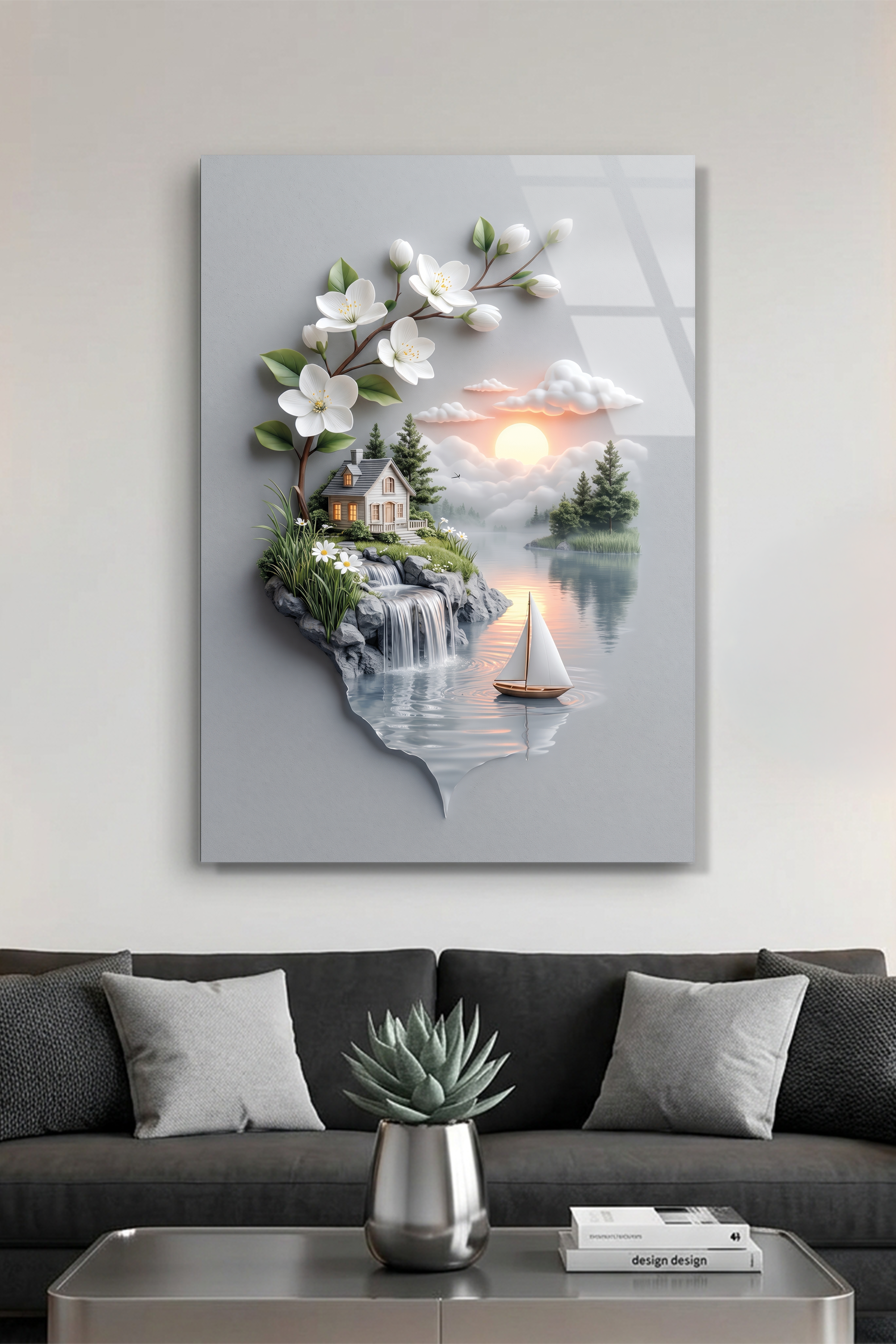Modern Sanat Göl Kenarı Ev Yelkenli ve Beyaz Çiçekli Dal Cam Tablo