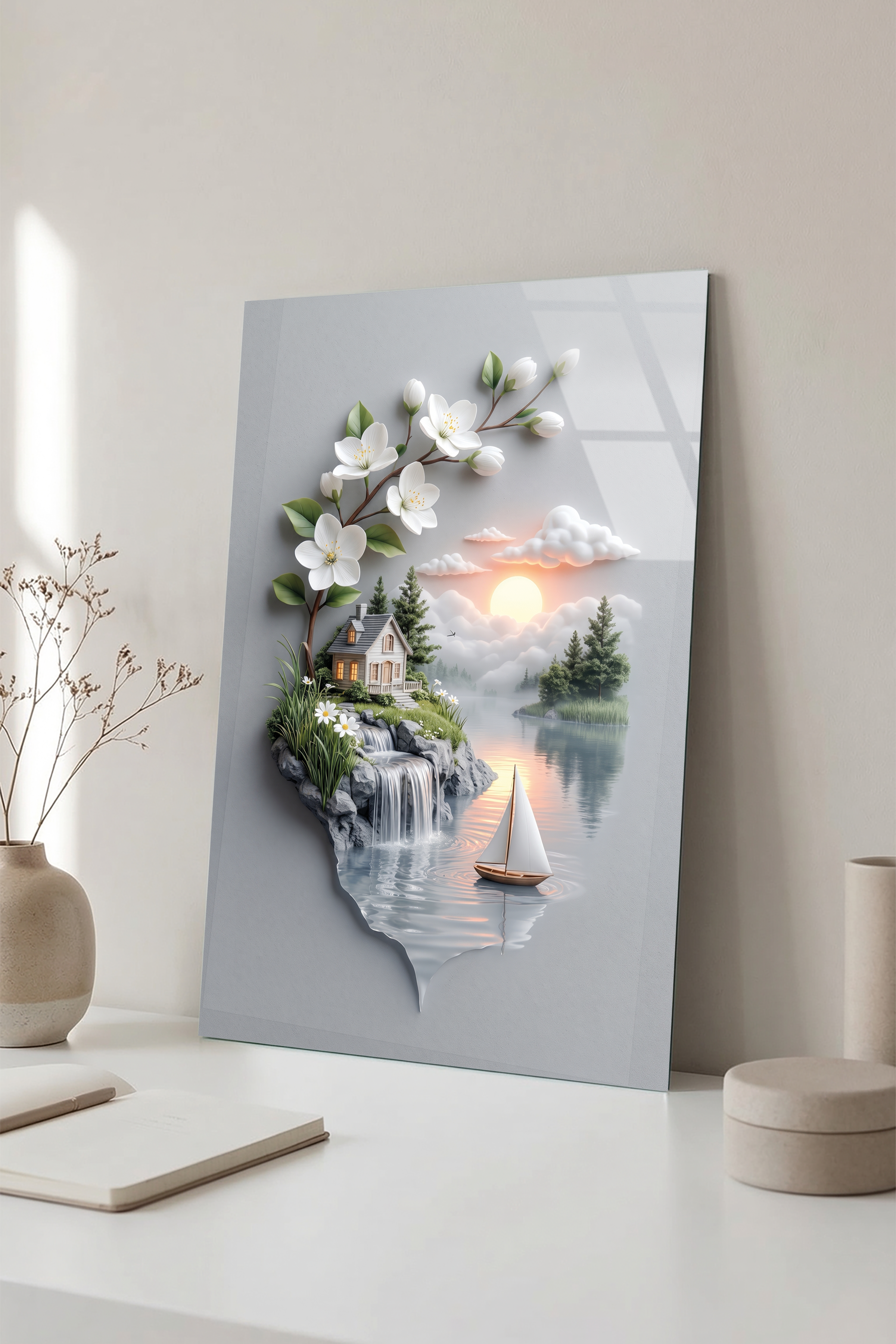 Modern Sanat Göl Kenarı Ev Yelkenli ve Beyaz Çiçekli Dal Cam Tablo