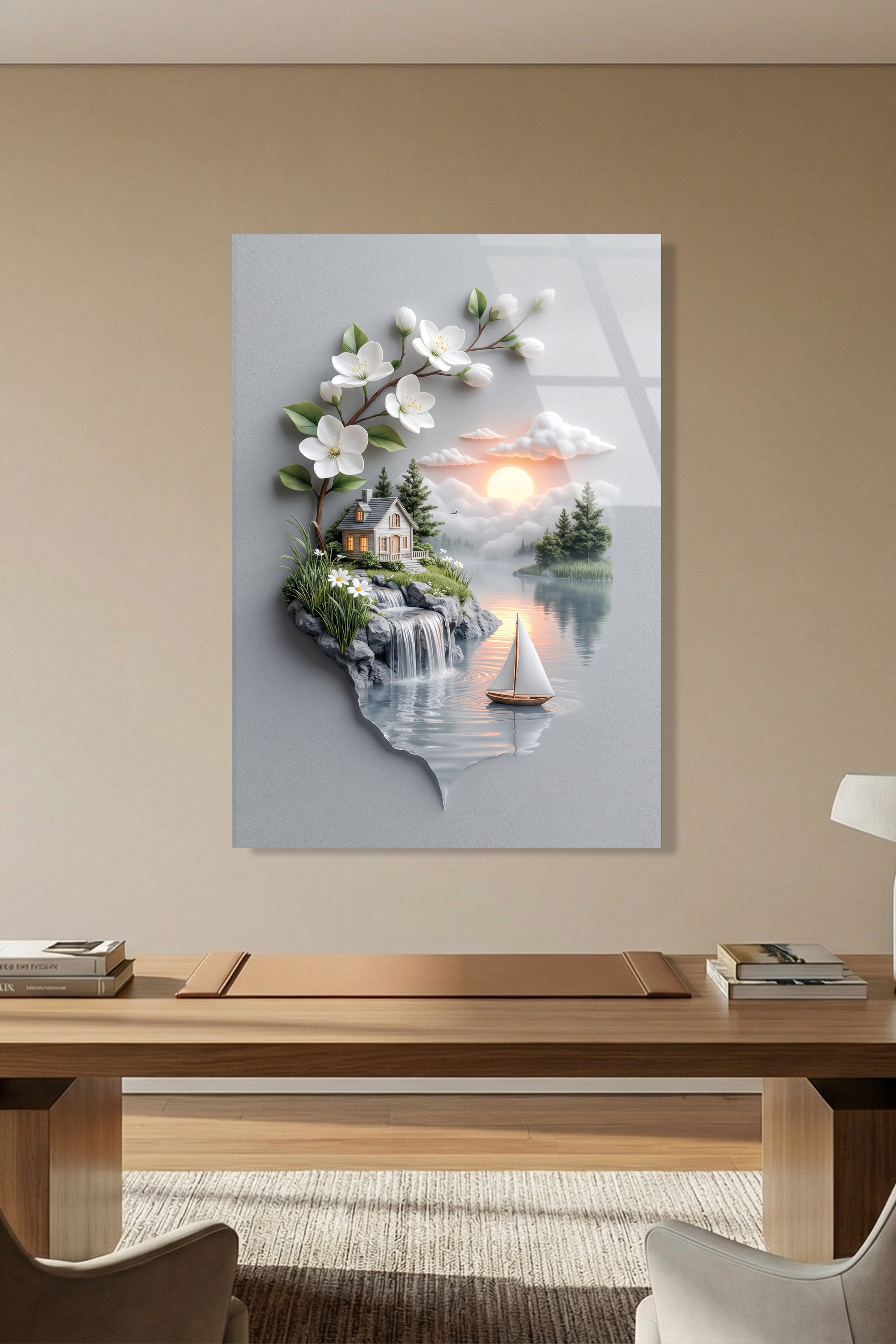 Modern Sanat Göl Kenarı Ev Yelkenli ve Beyaz Çiçekli Dal Cam Tablo