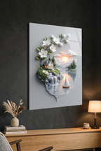 Modern Sanat Göl Kenarı Ev Yelkenli ve Beyaz Çiçekli Dal Cam Tablo