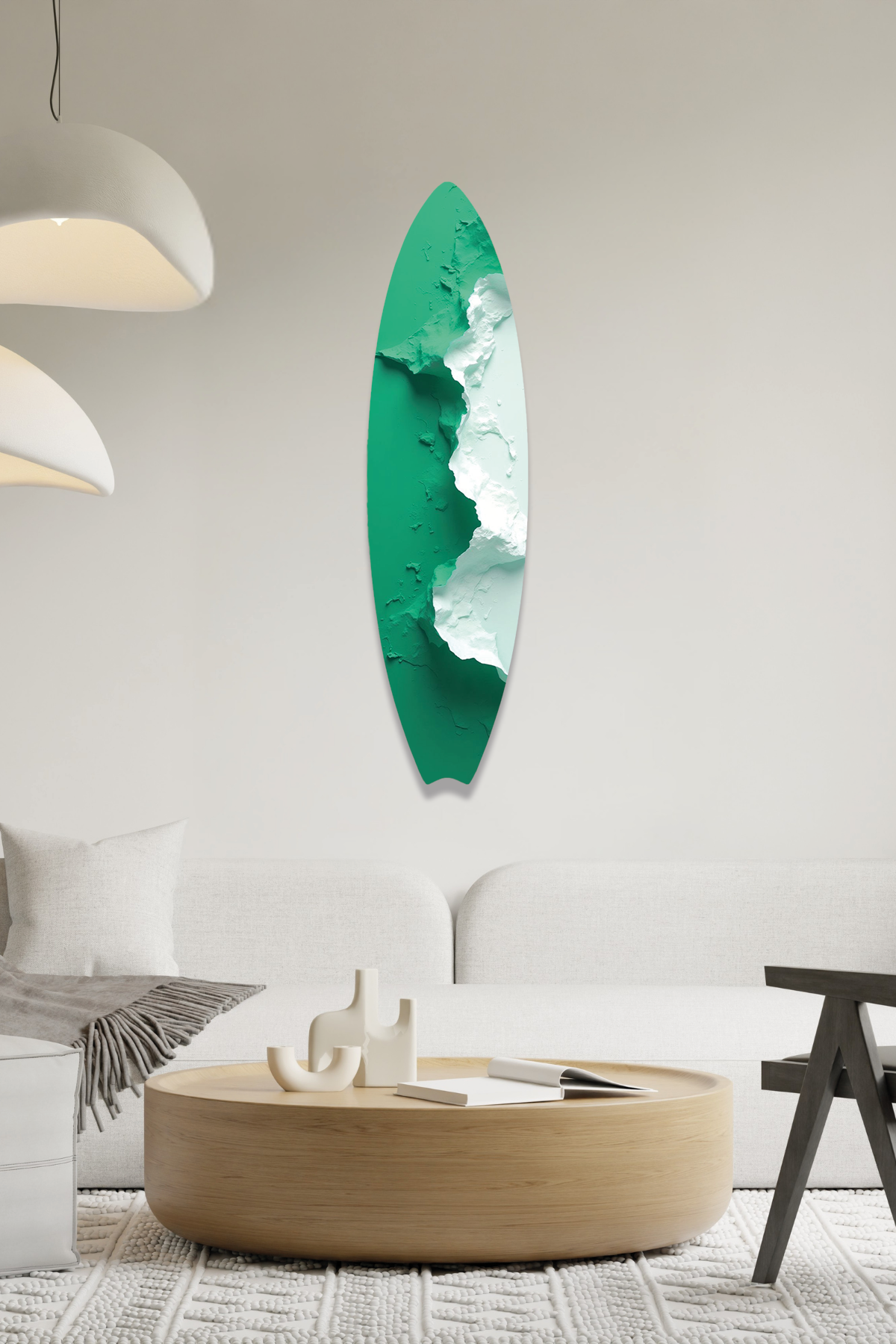Modern Soyut Kabartma Gorunumlu Yesil Beyaz Sörf Tahtası Metal Tablo