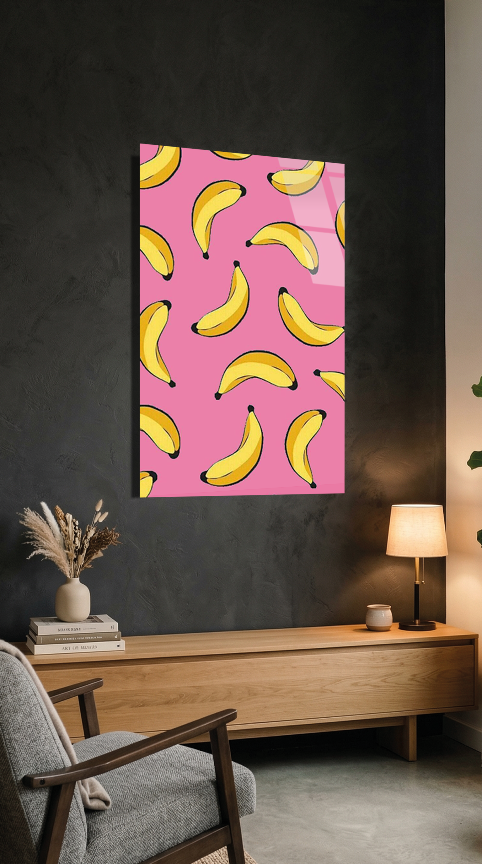 Muz Desenli Pembe Arka Plan Cam Tablo | Vitraum