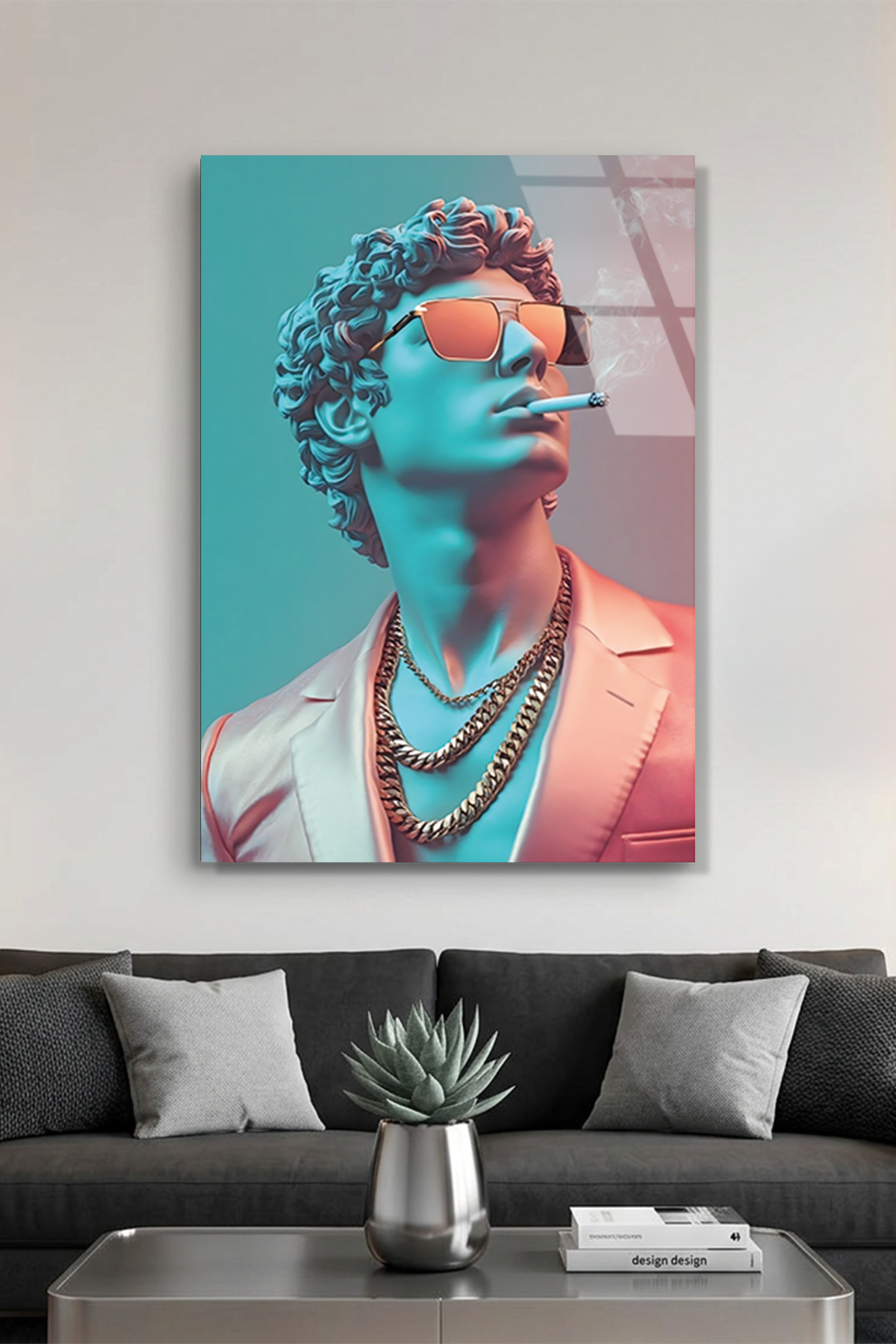 Neon Işıklı ve Gözlüklü Modern Heykel Tasarımı Cam Tablo