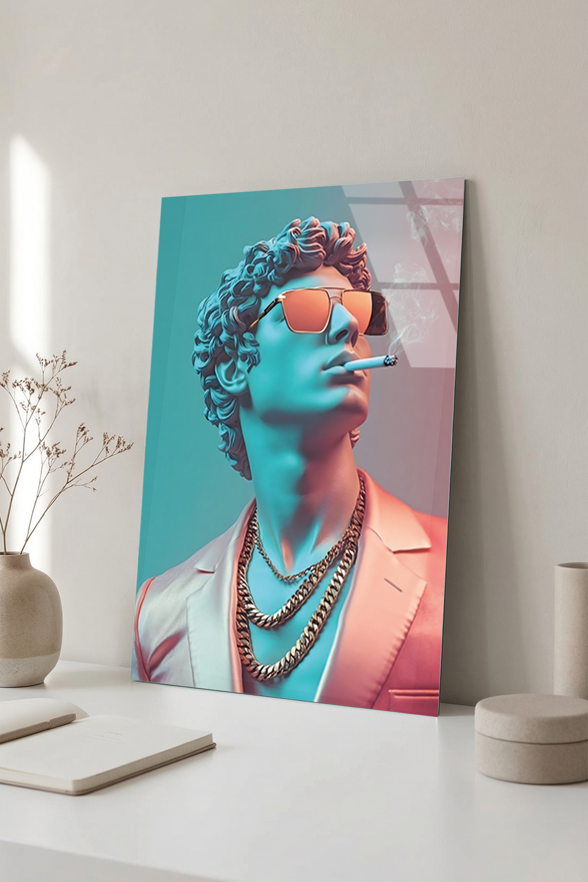 Neon Işıklı ve Gözlüklü Modern Heykel Tasarımı Cam Tablo