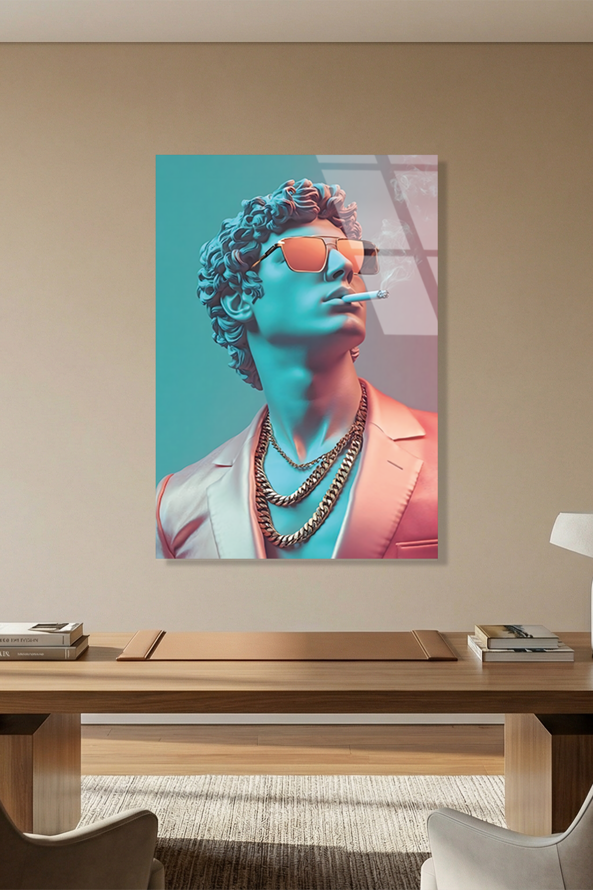 Neon Işıklı ve Gözlüklü Modern Heykel Tasarımı Cam Tablo