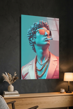 Neon Işıklı ve Gözlüklü Modern Heykel Tasarımı Cam Tablo