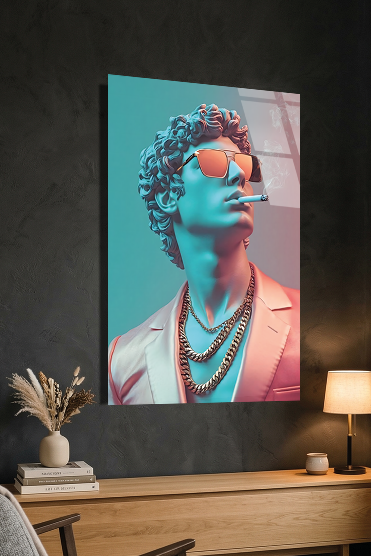 Neon Işıklı ve Gözlüklü Modern Heykel Tasarımı Cam Tablo