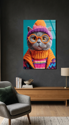 Neon Renkli Gözlüklü Kedi Karakter Cam Tablo | Vitraum