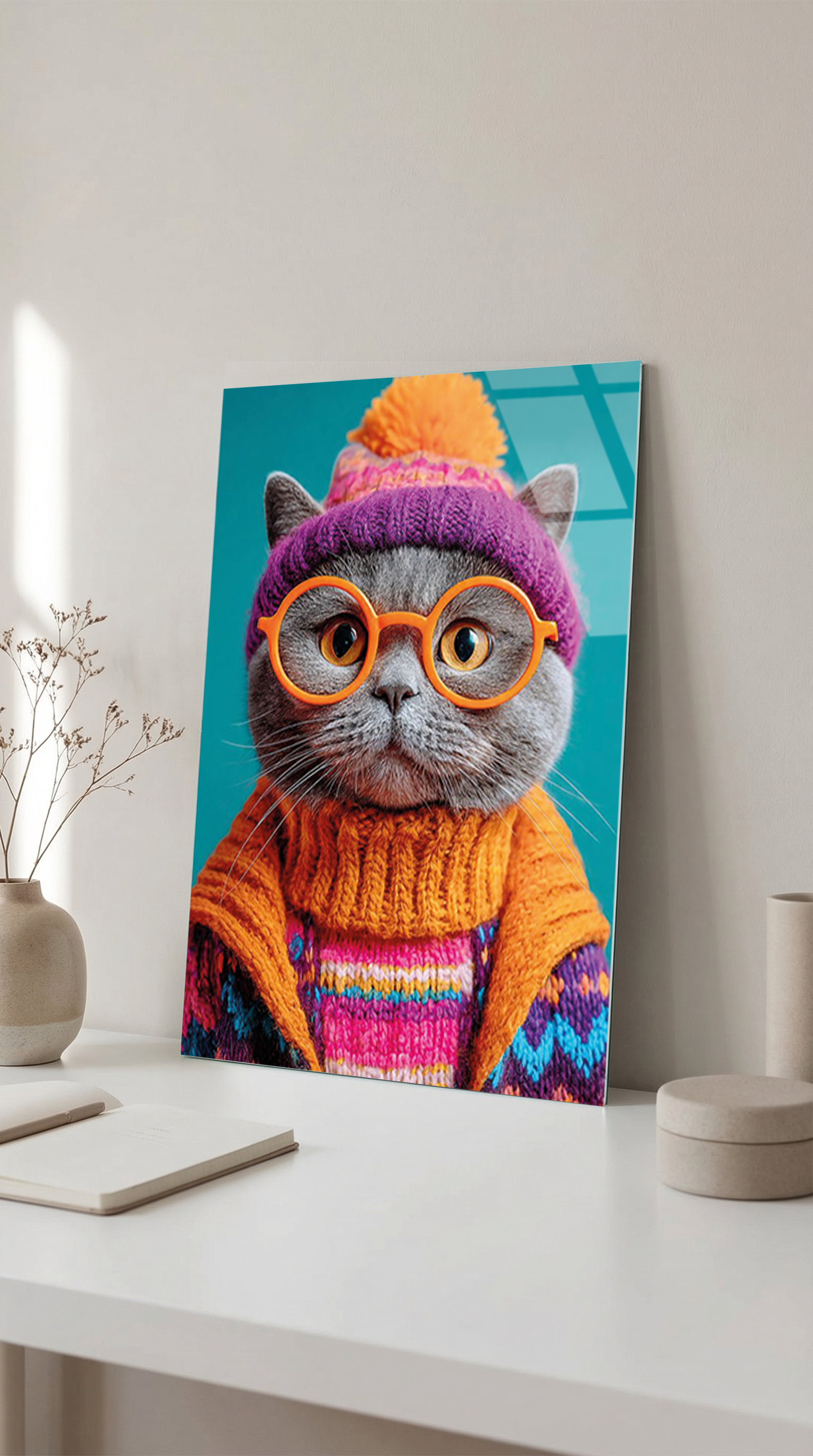 Neon Renkli Gözlüklü Kedi Karakter Cam Tablo | Vitraum