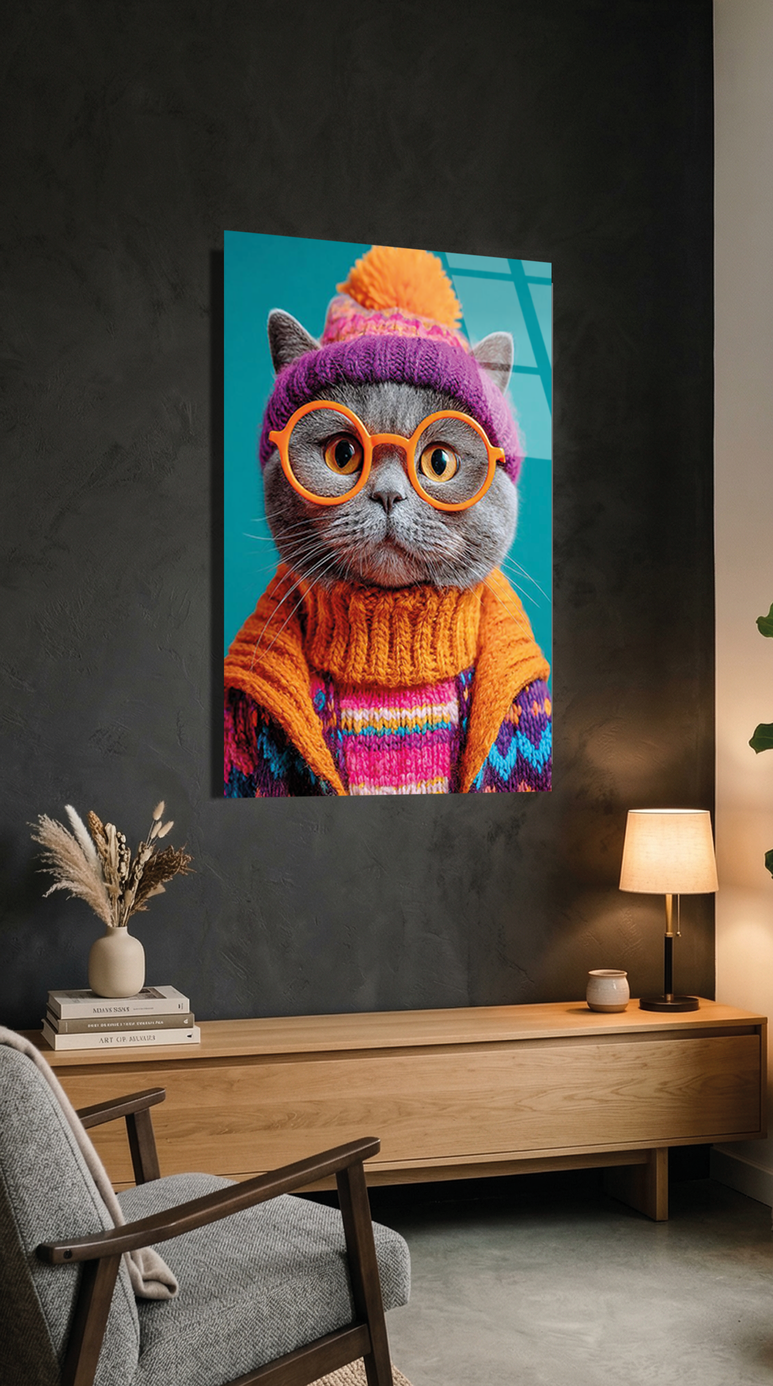 Neon Renkli Gözlüklü Kedi Karakter Cam Tablo | Vitraum