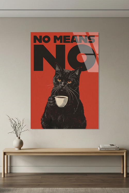 "No Means No" Yazılı Kahve İçen Kara Kedi Retro Poster Cam Tablo