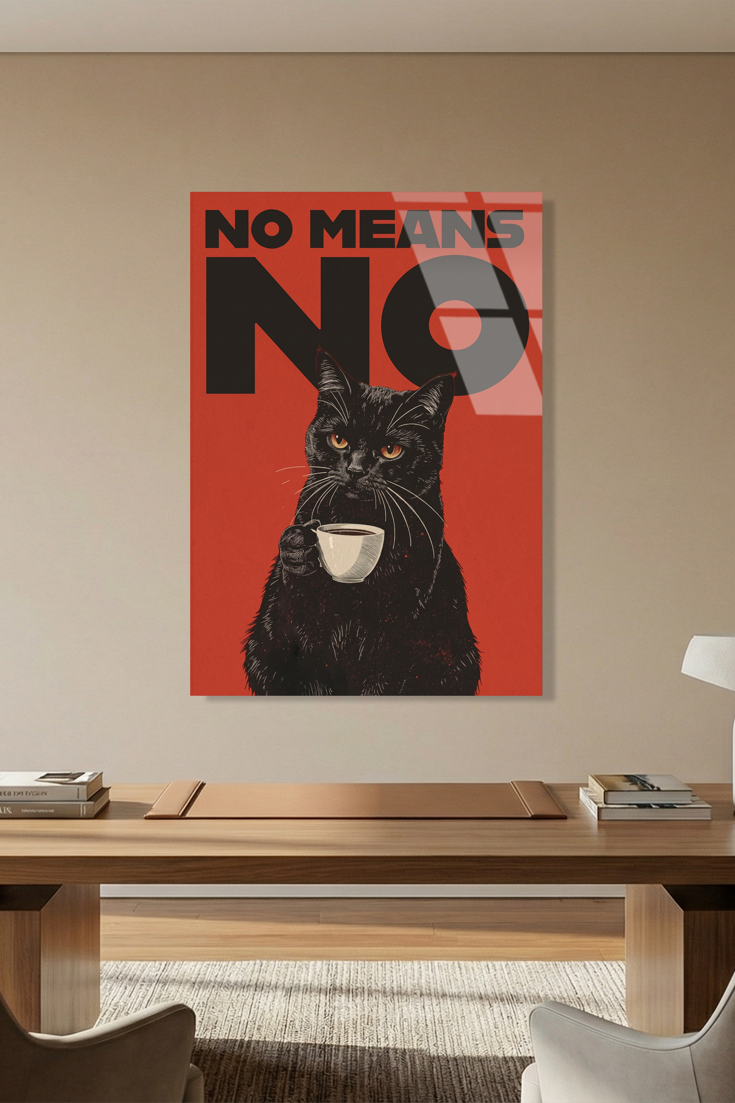 "No Means No" Yazılı Kahve İçen Kara Kedi Retro Poster Cam Tablo