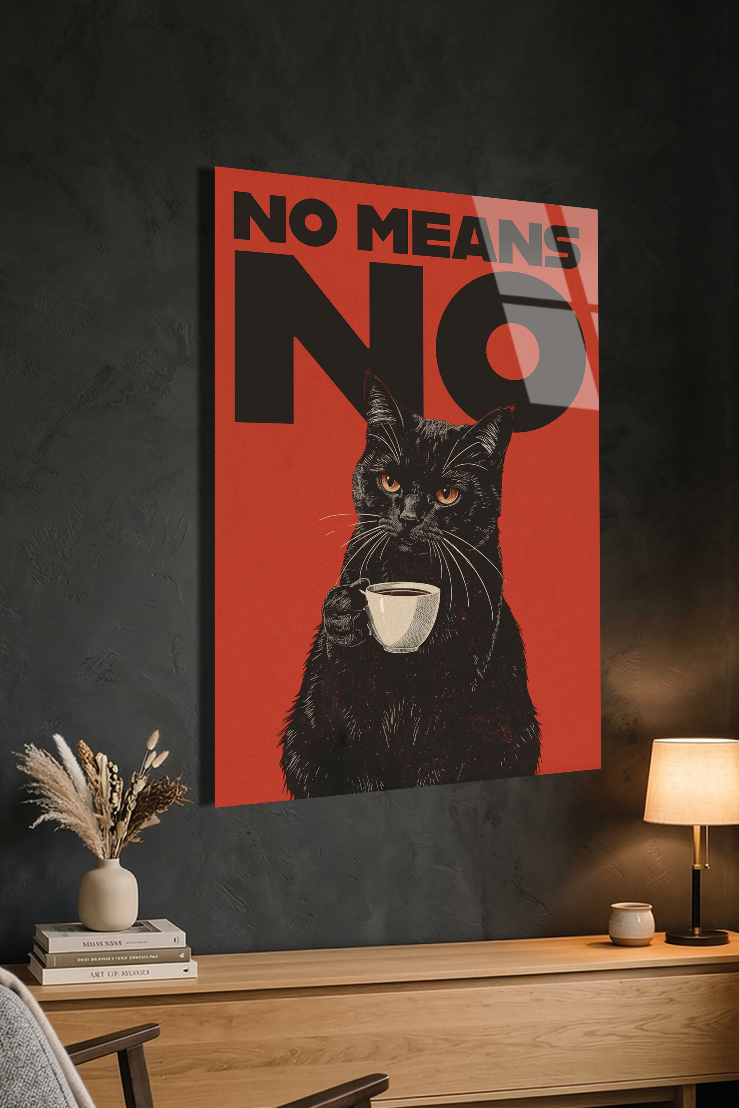 "No Means No" Yazılı Kahve İçen Kara Kedi Retro Poster Cam Tablo