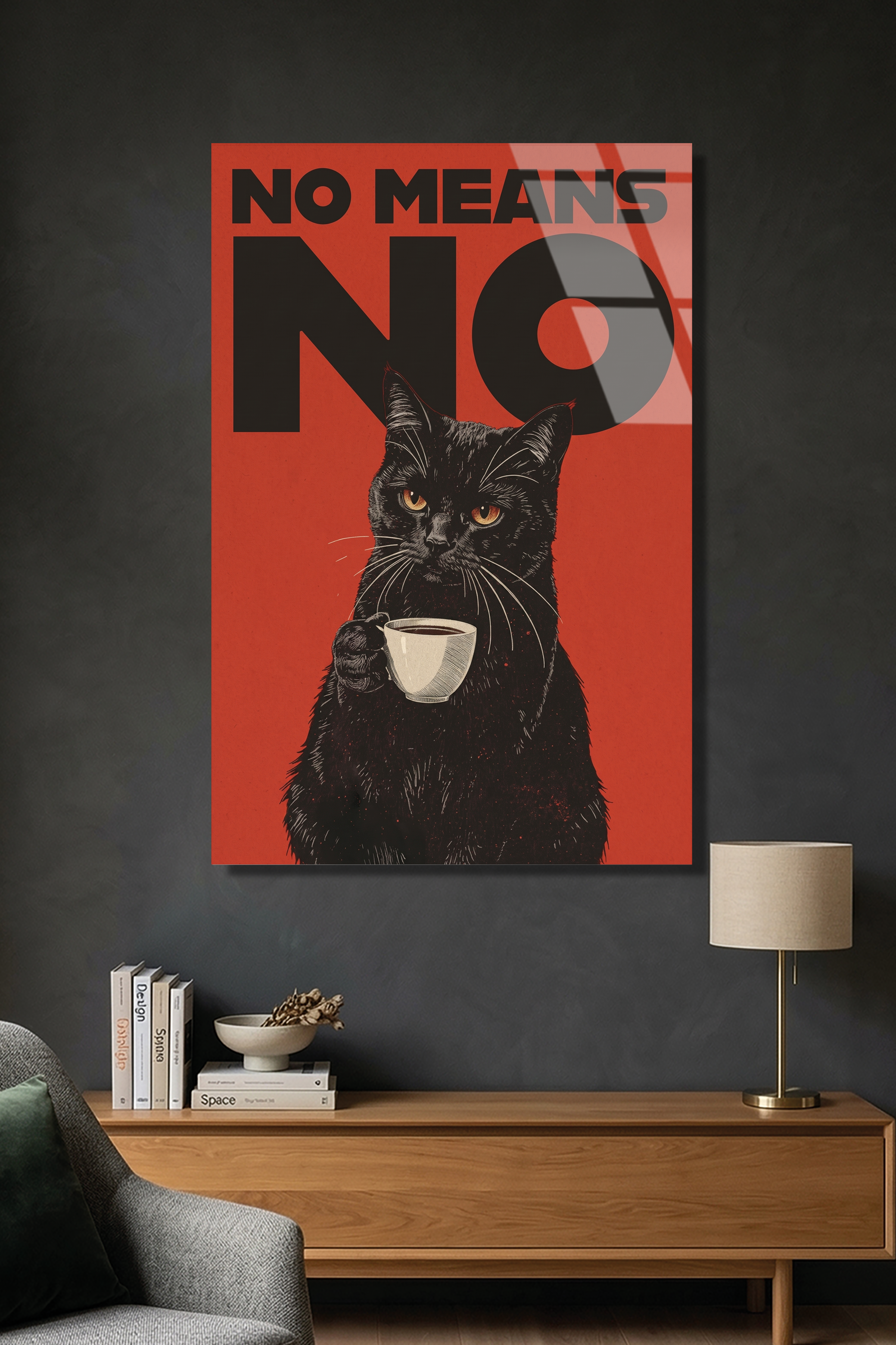 "No Means No" Yazılı Kahve İçen Kara Kedi Retro Poster Cam Tablo