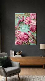 Pastel Pembe Çiçekler Yeşil Zemin Cam Tablo | Vitraum