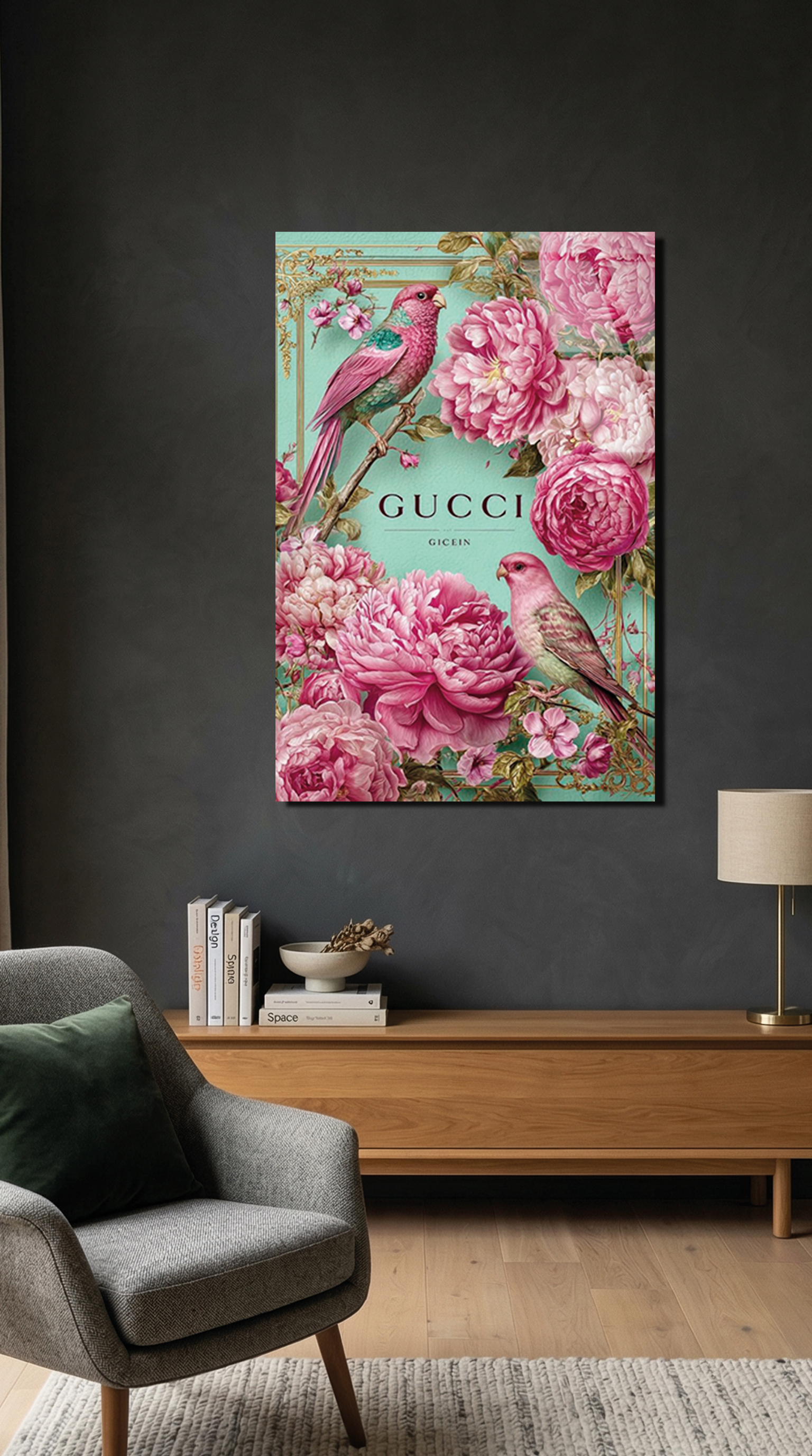 Pastel Pembe Çiçekler Yeşil Zemin Cam Tablo | Vitraum