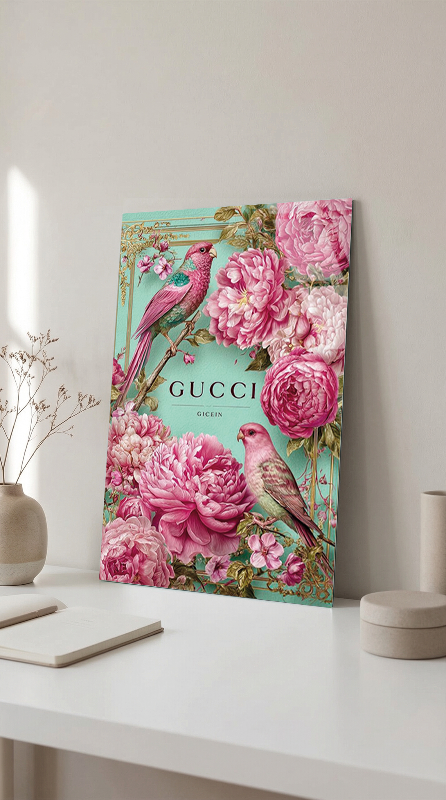 Pastel Pembe Çiçekler Yeşil Zemin Cam Tablo | Vitraum