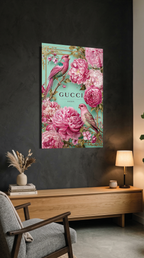 Pastel Pembe Çiçekler Yeşil Zemin Cam Tablo | Vitraum