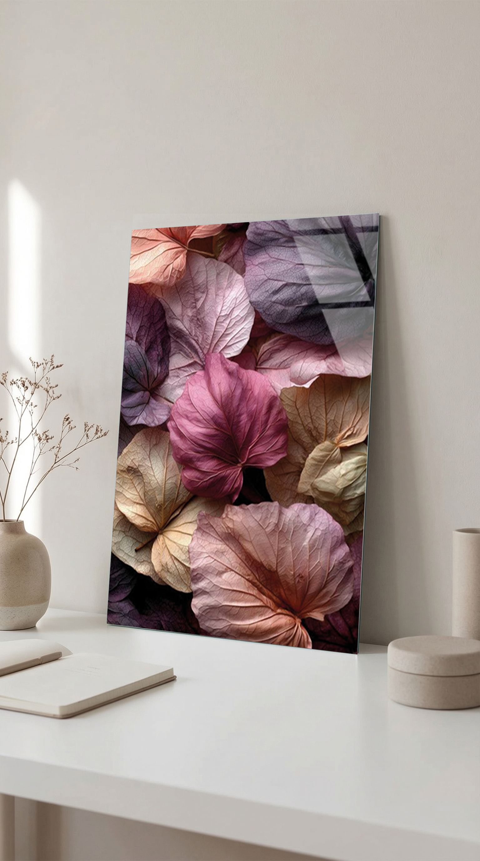 Pastel Pembe ve Gül Kuru Sonbahar Yaprakları Cam Tablo | Vitraum
