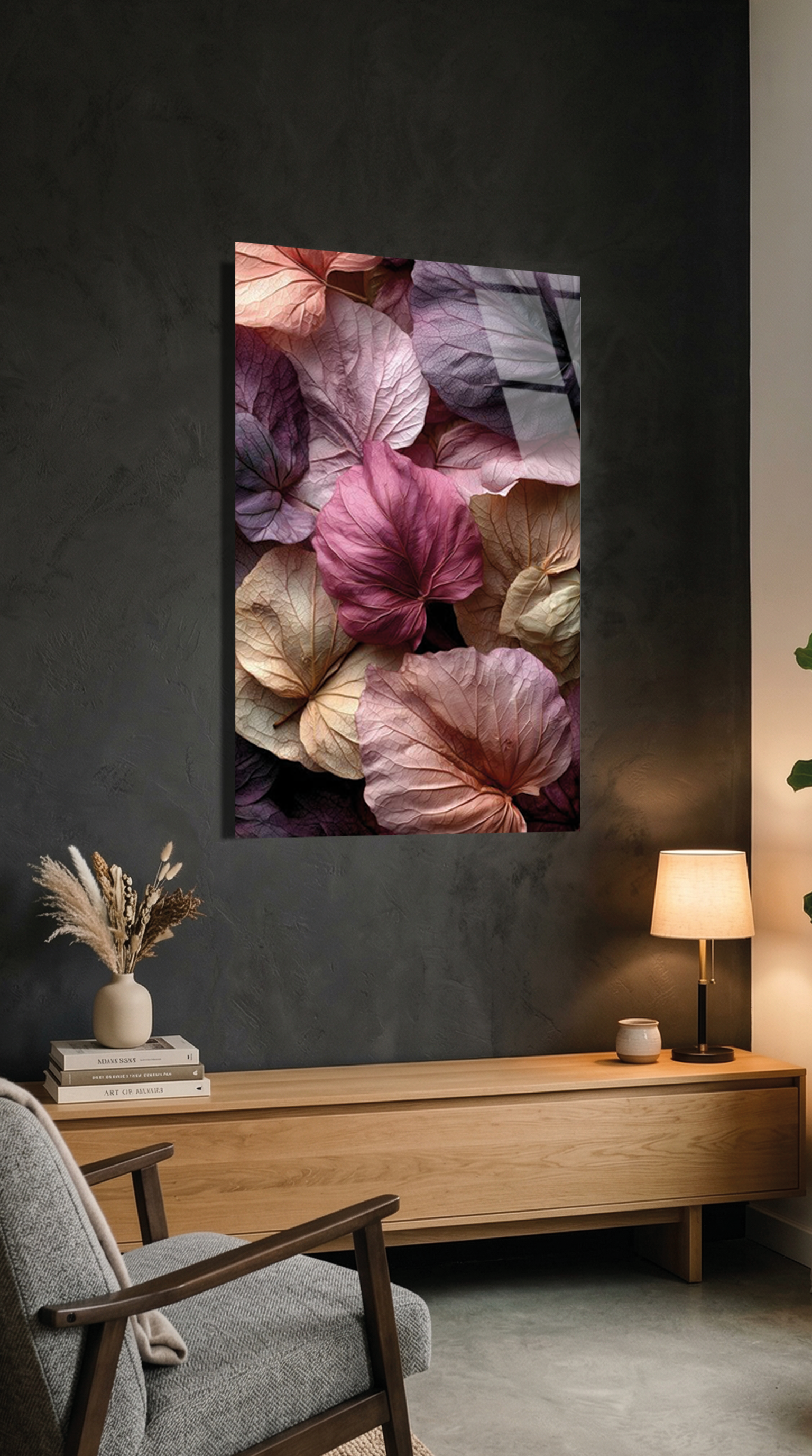 Pastel Pembe ve Gül Kuru Sonbahar Yaprakları Cam Tablo | Vitraum