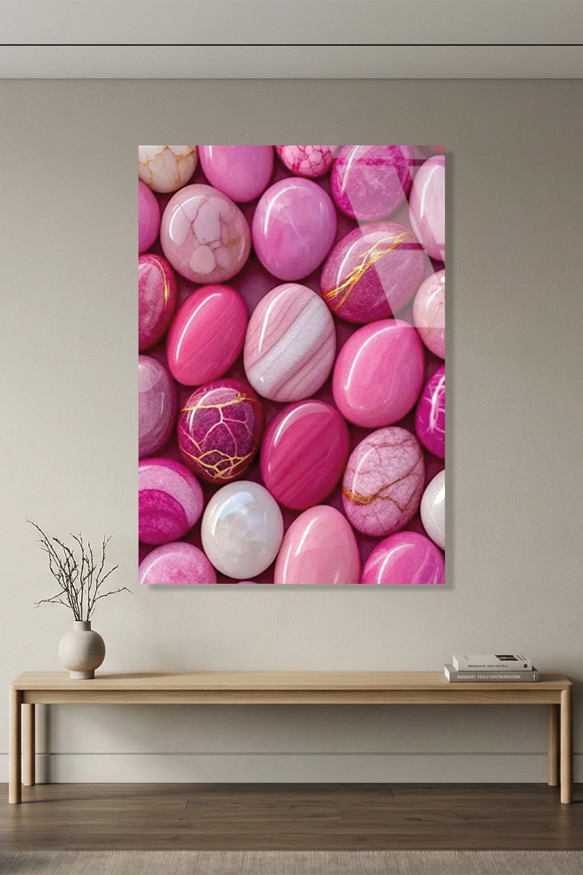 Pastel Pembe ve Mor Doğal Akik Taşı Dokulu Cam Tablo