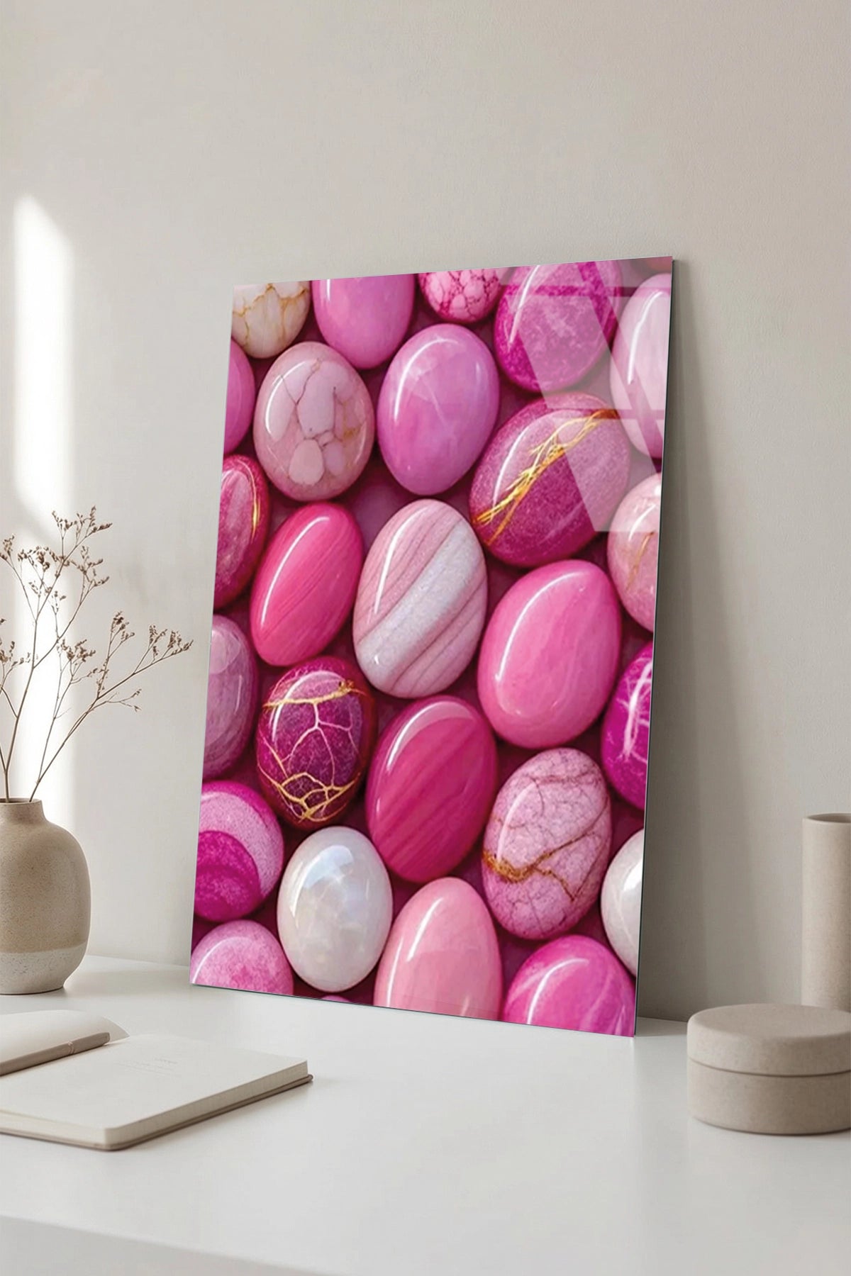 Pastel Pembe ve Mor Doğal Akik Taşı Dokulu Cam Tablo