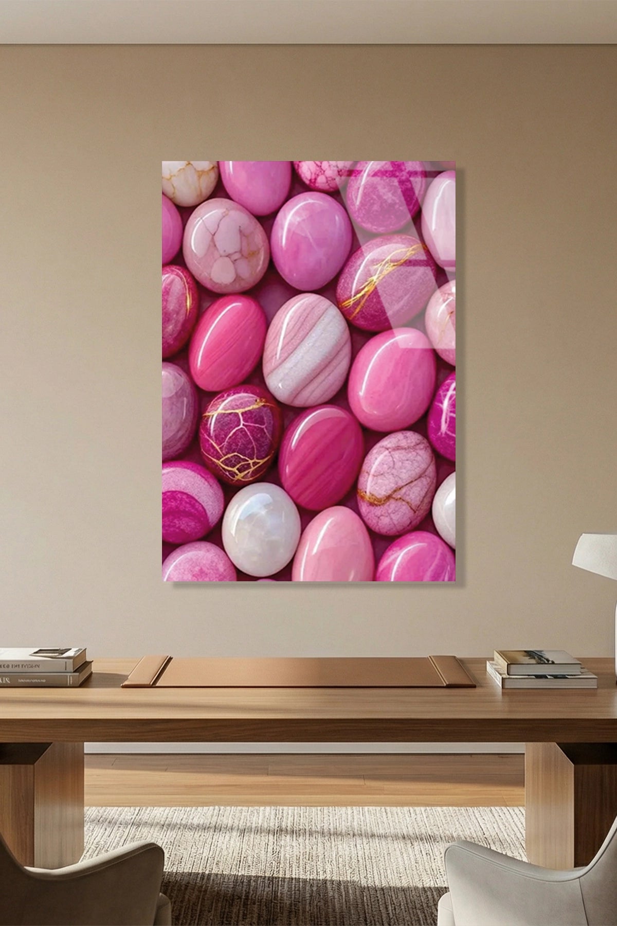Pastel Pembe ve Mor Doğal Akik Taşı Dokulu Cam Tablo