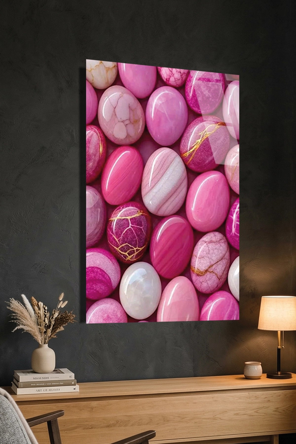 Pastel Pembe ve Mor Doğal Akik Taşı Dokulu Cam Tablo